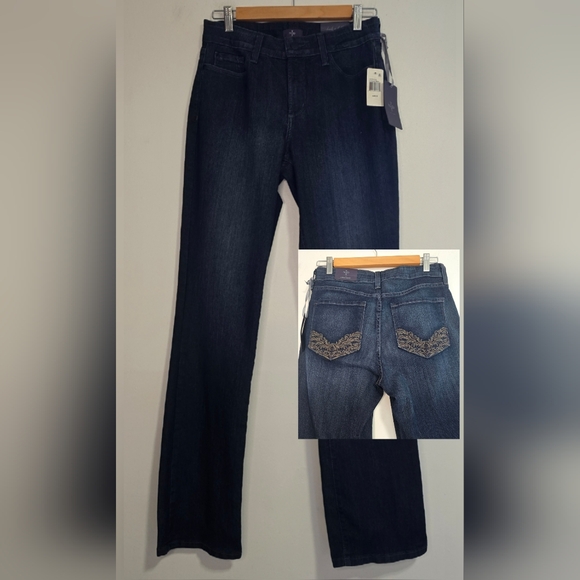 NYDJ Denim - NYDJ Straight Leg Burbank Wash Blue Jeans Embrodered Beaded Pockets